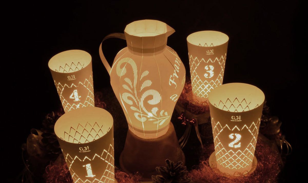 Äppel Advent, 4er Set Geripptes Licht und Bembel Licht weiß, Apfelweinglas Teelicht Schirme