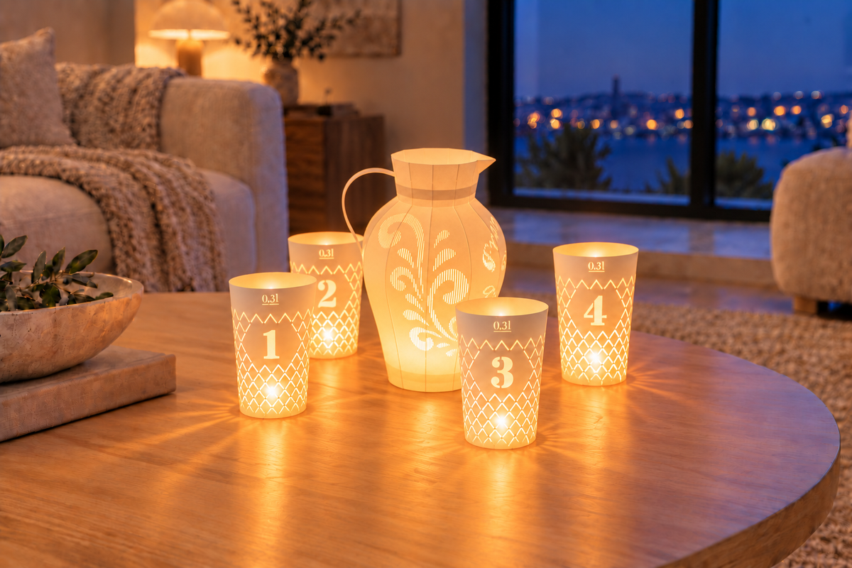 Äppel Advent, 4er Set Geripptes Licht und Bembel Licht weiß, Apfelweinglas Teelicht Schirme