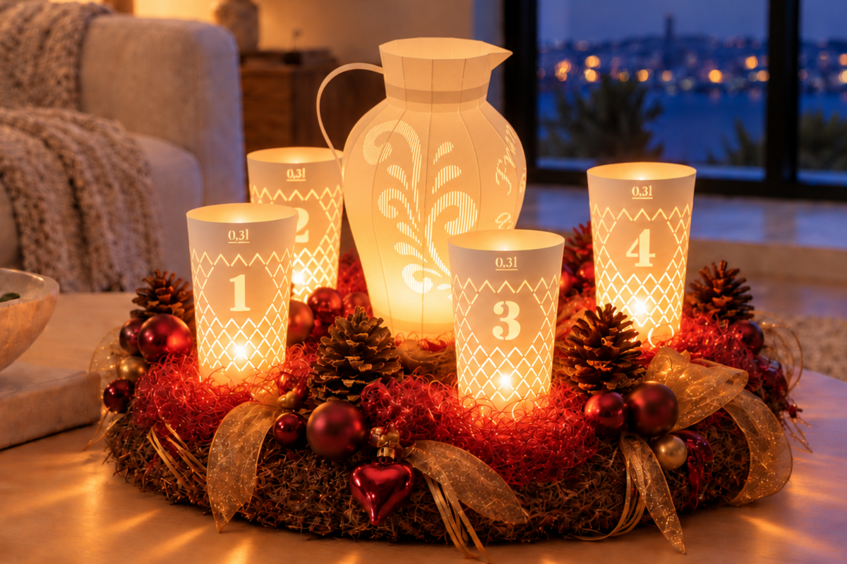 Äppel Advent, 4er Set Geripptes Licht und Bembel Licht weiß, Apfelweinglas Teelicht Schirme