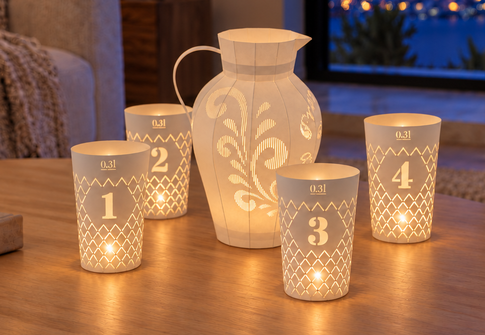 Äppel Advent, 4er Set Geripptes Licht und Bembel Licht weiß, Apfelweinglas Teelicht Schirme - Andrea Moseler