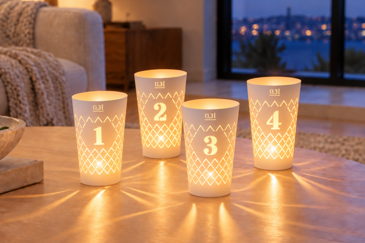Geripptes Licht 4er Set Advent weiß, Apfelweinglas Teelicht Schirme