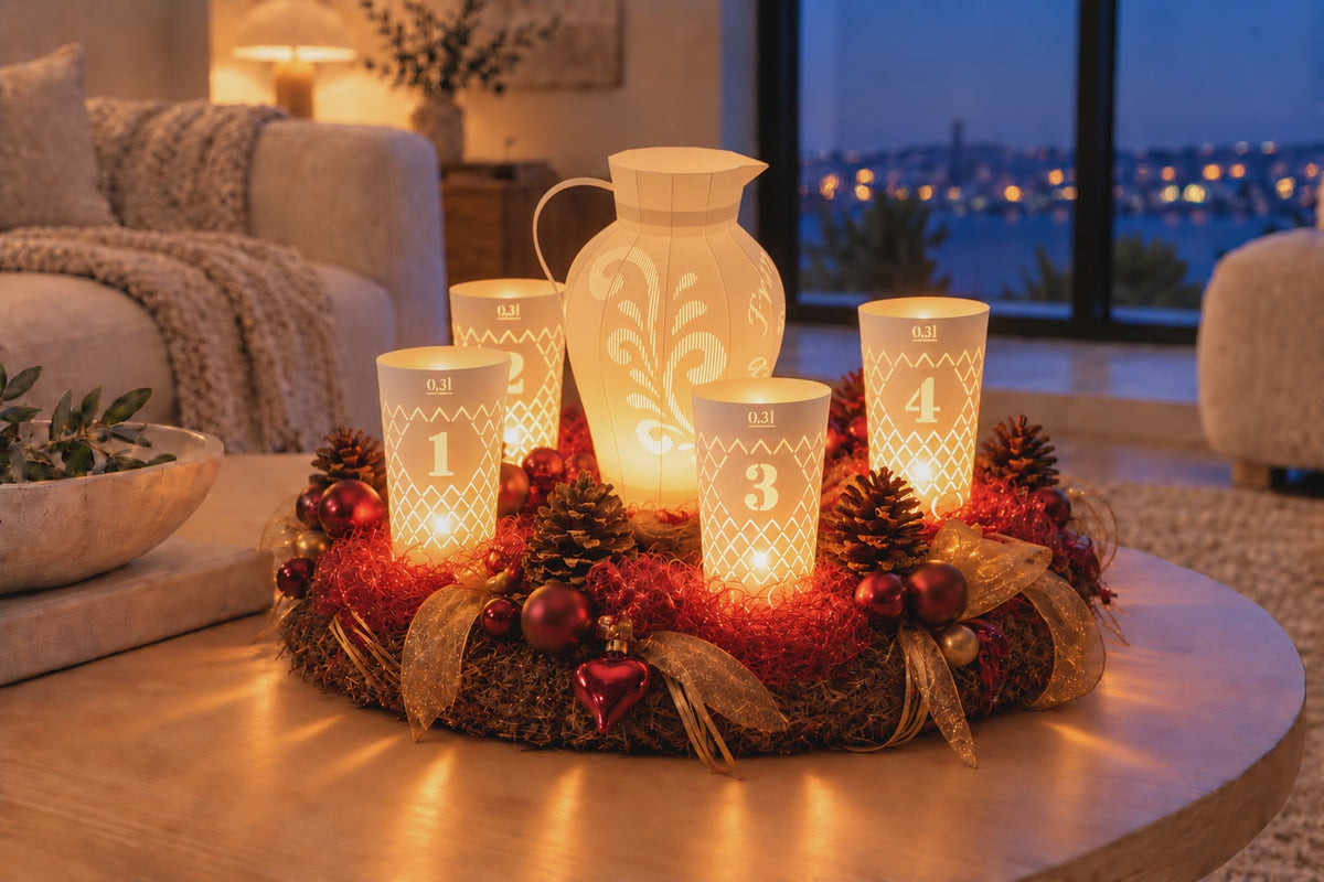 Äppel Advent, 4er Set Geripptes Licht und Bembel Licht weiß, Apfelweinglas Teelicht Schirme